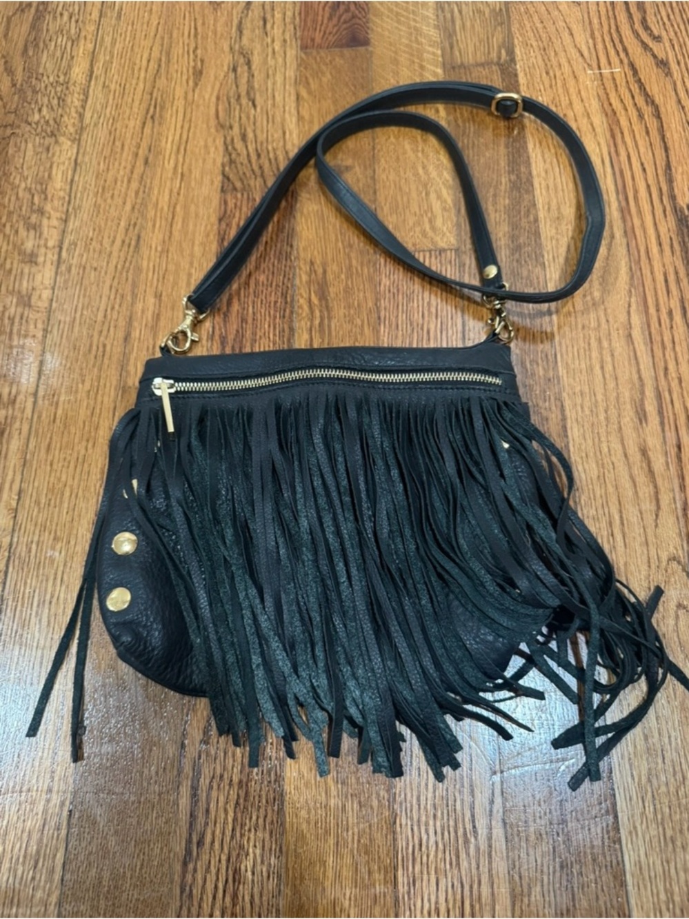 Black Fringe Crossbody Bag with Gold Hardware - Women's